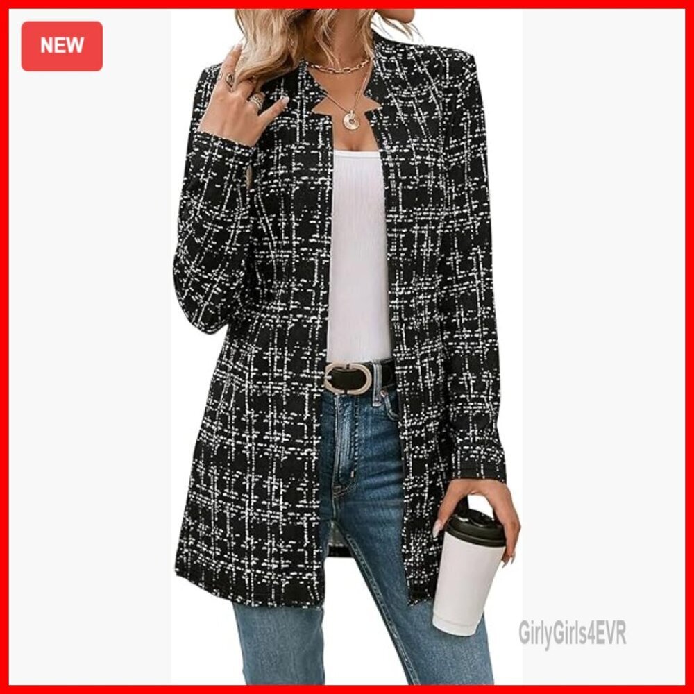 Slim Fit Plaid Tweed Blazer Long Sleeve Open Front Thigh Length Jacket